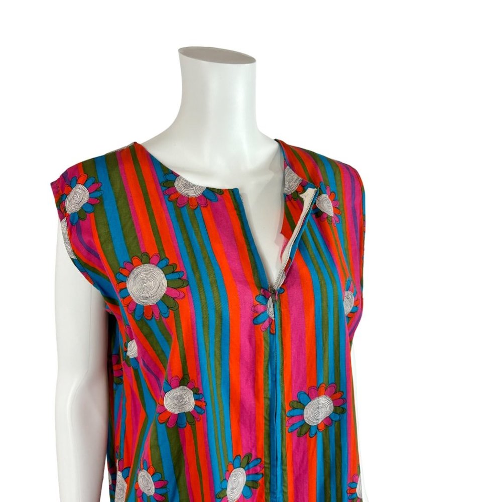 Vintage 60s Striped Romper Women's 1X Colorful Sleeveless Floral Zip Up Playsuit - Picture 4 of 11